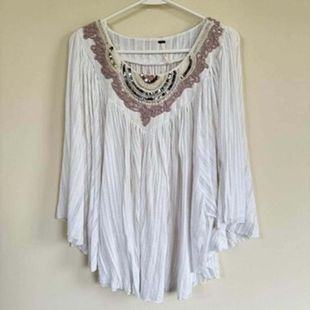 Free People Star Gazer White Gauze Top Beaded Sequin Boho Kimono Sleeve XS Small
